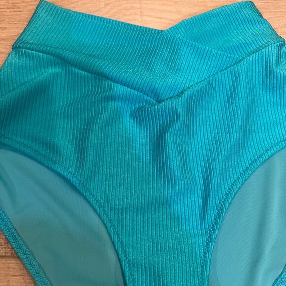 Aerie Ribbed High-Waisted Bikini Set With Adjustable Straps In Teal SMALL NEW - Picture 3 of 9